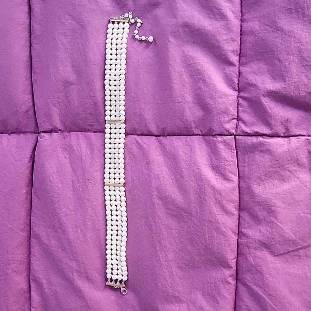 Vintage Four Strand Faux Pearl 12.5" Choker with Reversible Rhinestone/Gold Bars
